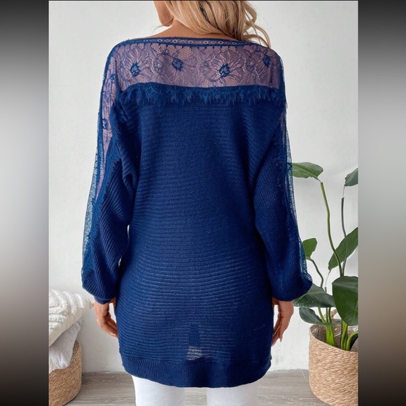 Luxe Sheer Mesh Lace Long Sleeve Knit Sweater Top Blue - Picture 2 of 6